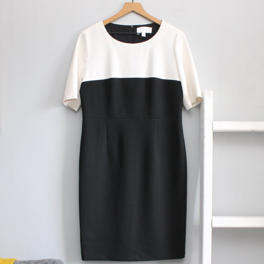 HUGO BOSS Daina White & Black Colorblock Sheath Elbow Sleeves Midi Dress Size 10 - Picture 2 of 10